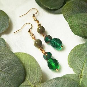 Serpentine and Dark Green Czech Glass Earrings, 24k Gold Plated Stainless Steel